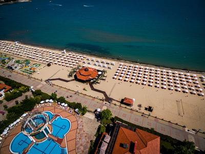 Widok z lotu ptaka na hotel z basenami, plażą i rzędami parasoli przy morzu.