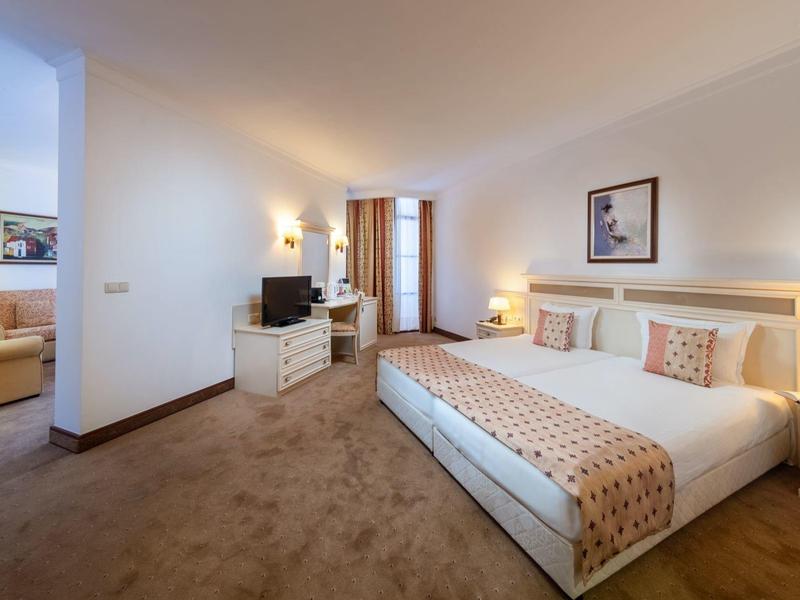 Habitación de hotel espaciosa con cama doble, televisor, alfombra y zona de estar con luz natural.