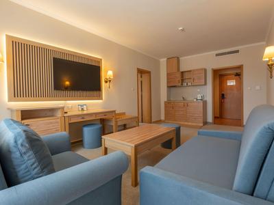 Modern eingerichtetes Wohnzimmer mit blauen Sofas, Holzmöbeln und TV im Hotelzimmer.