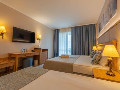 Gemütliches Hotelzimmer mit Doppelbett, Holzmöbeln und einem Fernseher an der Wand.