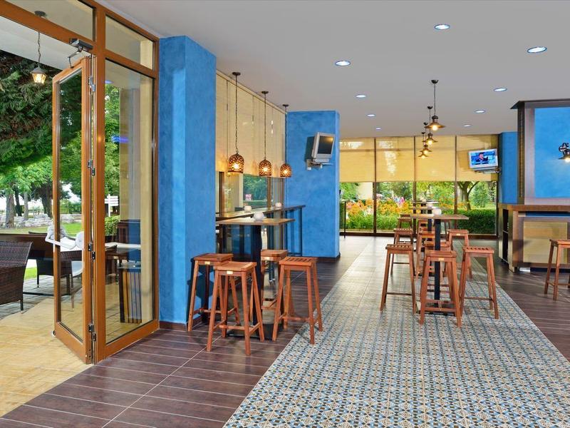 Bar dell'hotel luminosa con pareti dipinte di blu, mobili in legno e accesso aperto alla terrazza con albero.