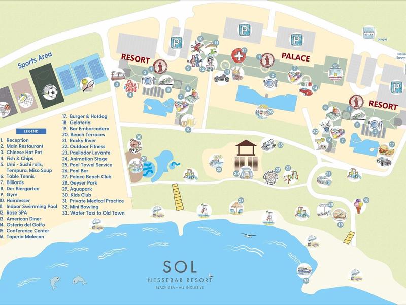 Mappa panoramica di un resort con spiaggia, piscine, ristoranti e bar lungo la costa.