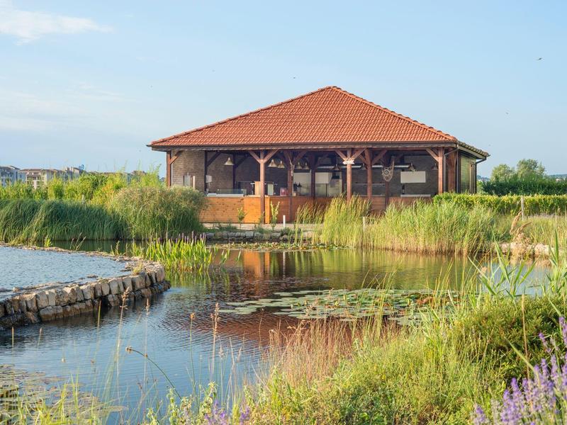 Wooden house with red roof by a lake in a peaceful green natural setting under clear sky