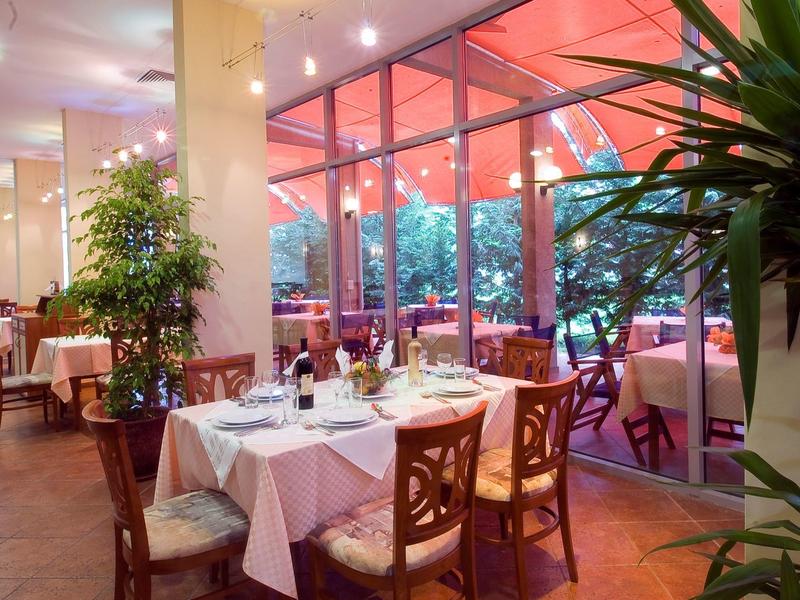 Elegant restaurant met gedekte tafels en grote ramen met uitzicht op het terras.