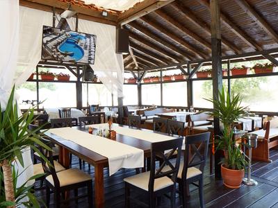 Hell eingerichtetes Restaurant mit Holztischen, Stühlen, Pflanzen und großen Fenstern.