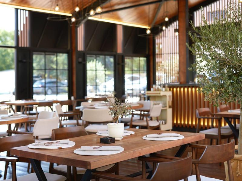 Modernes Restaurant mit Holztischen, weißen Stühlen und großen Fenstern, teilweise begrünt.