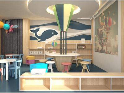 Área de juegos moderna para niños con muebles coloridos, decoraciones de pared y una gran pantalla colorida.