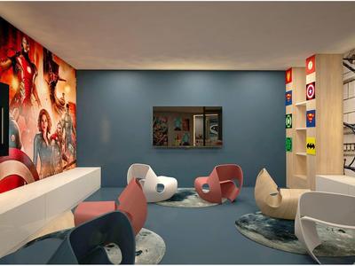 Sala de juegos moderna del hotel con asientos cómodos y coloridas decoraciones en la pared.