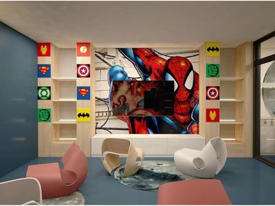 Moderna zona de espera con asientos coloridos y arte en la pared en un hotel.