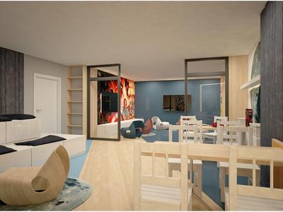 Área moderna de hotel o salón con comedor, sofá y elementos decorativos.