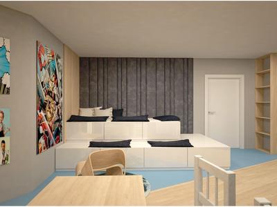 Habitación de hotel moderna con cama doble, escritorio y obras de arte en las paredes.