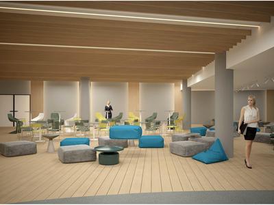 Moderner, geräumiger Lounge-Bereich mit gemütlichen Sitzmöbeln, Holzboden und stilvoller Beleuchtung.