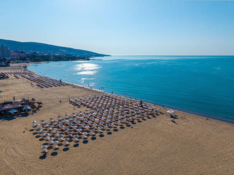 Amplia playa con filas de sombrillas y mar tranquilo al fondo.