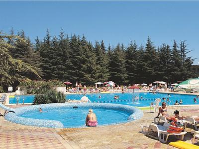 Außenpool mit blauer Wasserfläche, Sonnenliegen, Menschen und Pinien im Hintergrund.