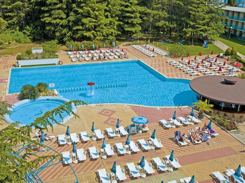 Großer Außenpool mit blauer Wasserfläche, umgeben von weißen Liegestühlen und grünen Bäumen.