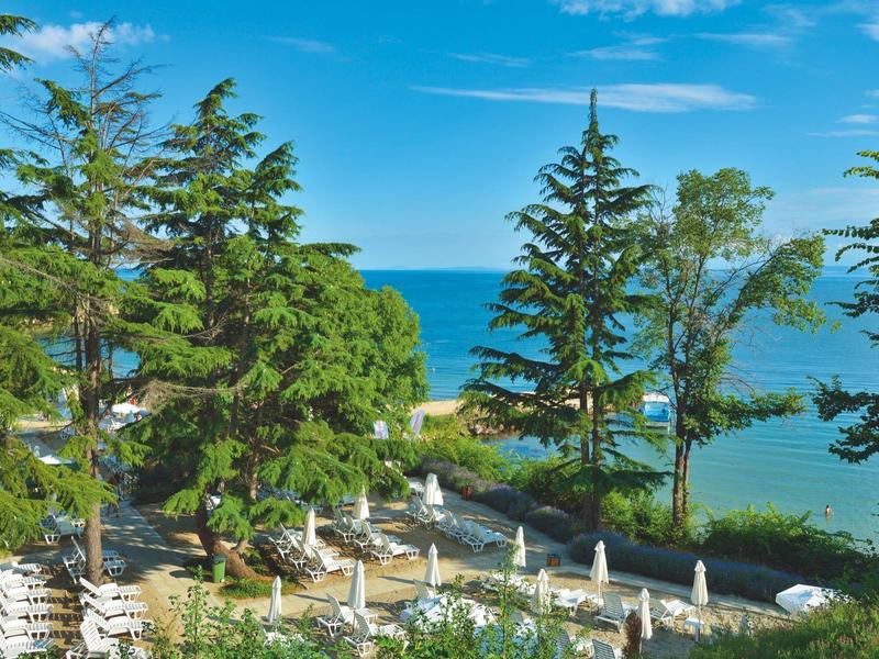 Grüner Garten mit Bäumen und geschlossenen Sonnenschirmen am Meer.