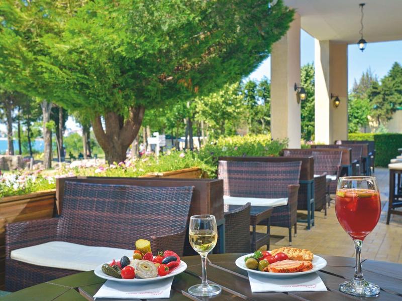 Gemütliche Außenterrasse mit Tischen, Getränken und Snacks unter grünen Bäumen.