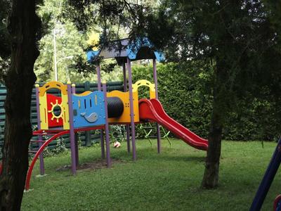 Kleurrijke speeltuin met glijbaan op groen gras omgeven door bomen in een park