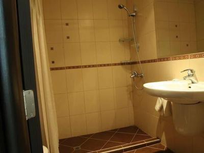 Kleine hotelbadkamer met douche, wastafel en grote tegels in warme kleuren