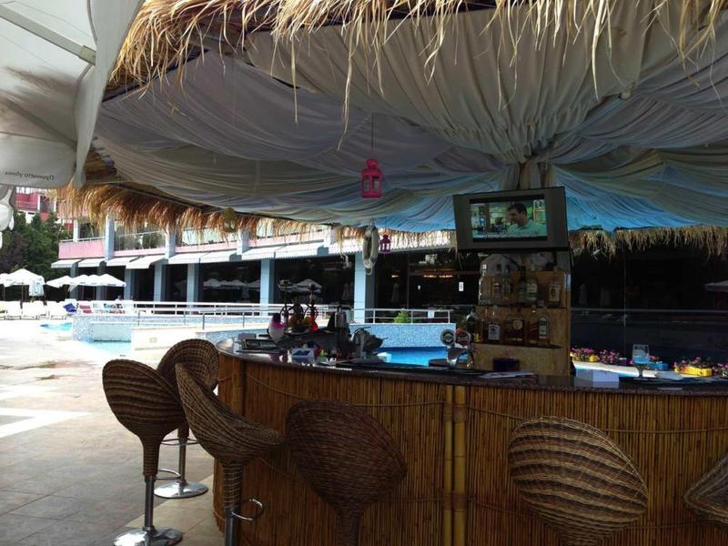 Bar met rieten dak naast een zwembad met zitplaatsen.