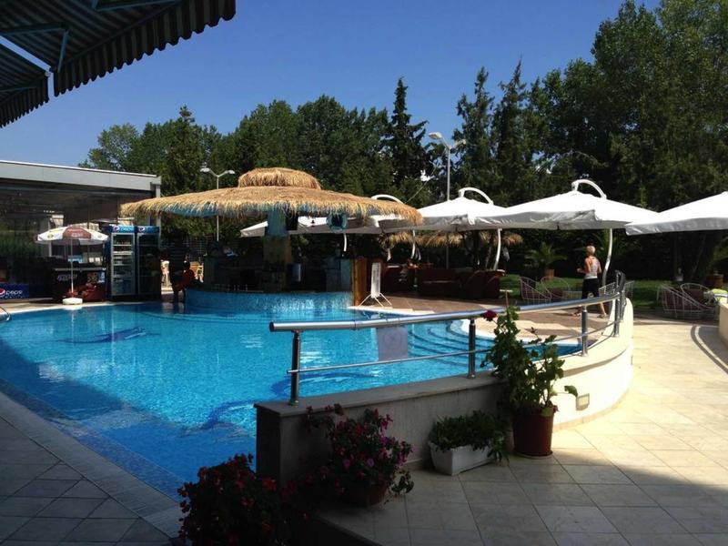Zwembadgebied met parasols, ligstoelen en omgeven door bomen op een zonnige dag.