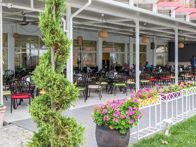 Buitengebied van restaurant met tafels, stoelen en bloemdecoraties.