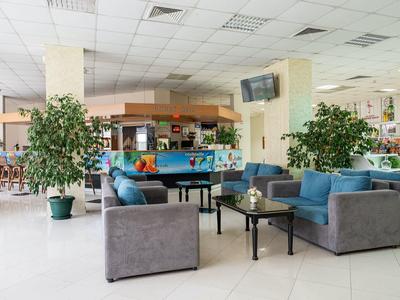 Moderne hotellounge met grijze sofa's, blauwe kussens en groene planten.