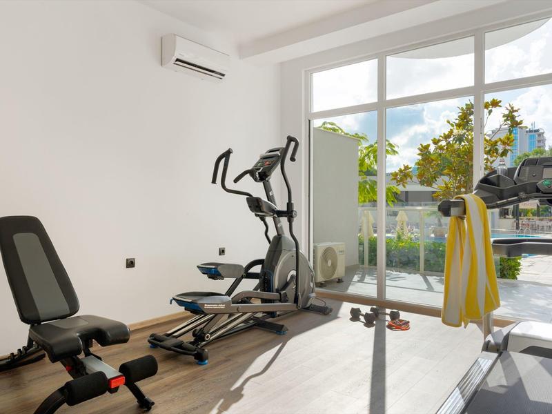 Helle Fitnessraum mit Trainingsgeräten und großen Fenstern mit Blick auf Garten