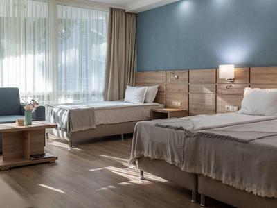 Hell eingerichtetes Zimmer mit zwei Betten, Holzmöbeln, blauer Wand und großen Fenstern.