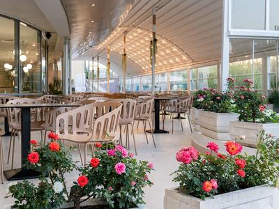 Moderner Hotelterrassenbereich mit Stühlen, Tischen und blühenden Pflanzen in Kübeln.