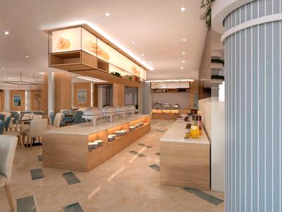 Area ristorante di hotel moderna e luminosa con banconi in legno, posti a sedere e illuminazione d'atmosfera.