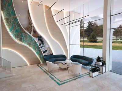 Modernes Wohnzimmer mit geschwungenem Wanddesign, grauen Sofas und großen Glasfenstern.