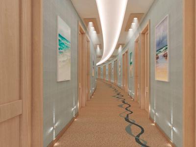 Moderner, langer Flur mit Holz- und Glaswänden, Teppichboden und Wandbildern in hellen Farben.