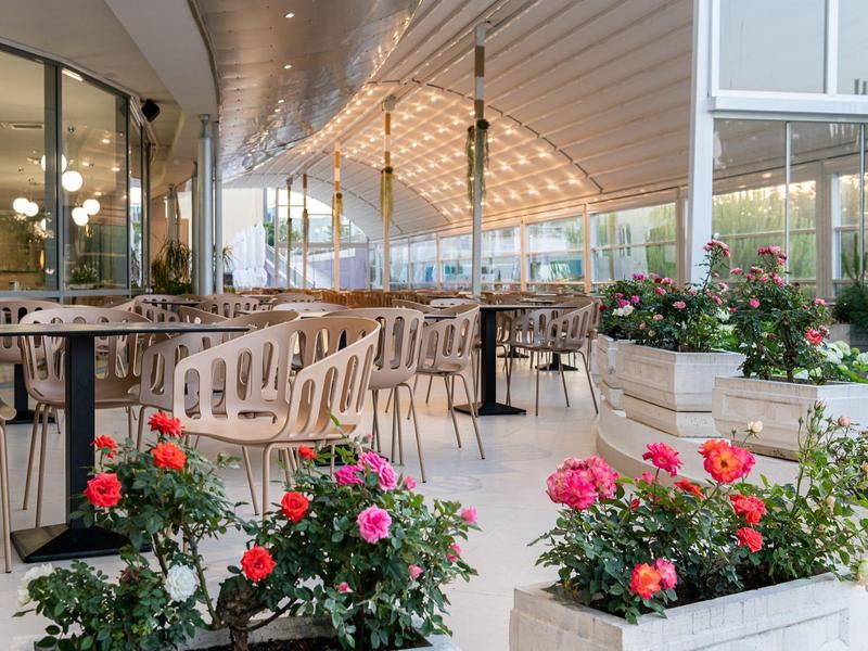 Moderner Hotelterrassenbereich mit Stühlen, Tischen und blühenden Pflanzen in Kübeln.