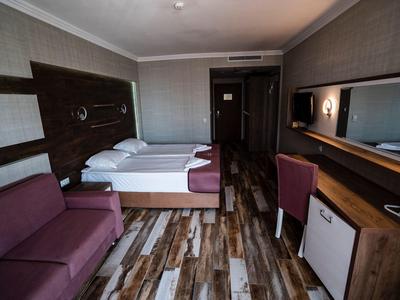 Modernes Hotelzimmer mit Holzfußboden, Doppelbett, Sofa, Schreibtisch und Minibar.
