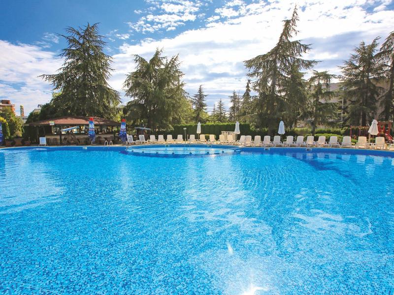 Groot buitenzwembad met blauw water en ligstoelen onder bomen bij zonnig weer.