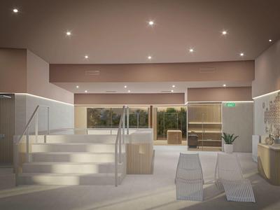 Área de spa moderna con escaleras, zonas de descanso y grandes ventanales con vista a la naturaleza.