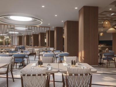 Elegancka restauracja z nakrytymi stołami i nowoczesnym drewnianym wystrojem.