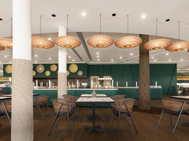 Restaurante moderno con paredes verdes, bandejas de madera y lámparas colgantes redondas