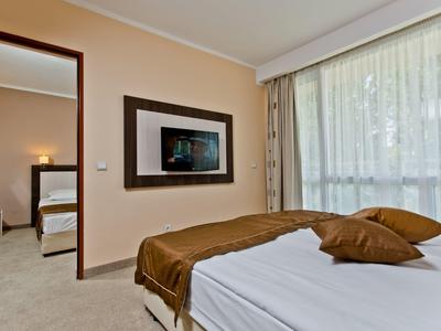 Slaapkamer met tweepersoonsbed, bruin beddengoed en groot raam met gordijnen.