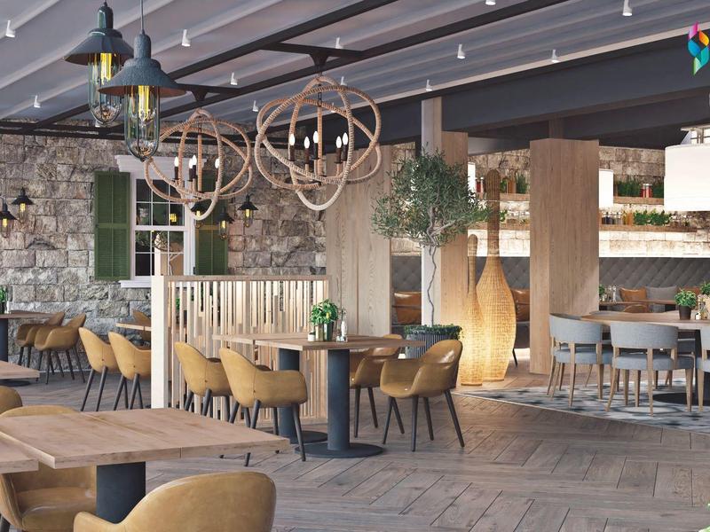 Modern hotel loungegebied met houten meubels en gezellige sfeer.