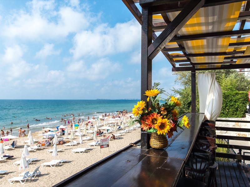 View from a covered terrace with sunflowers overlooking a busy sandy beach and the sea.