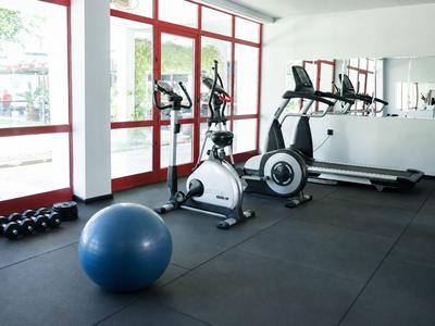 Nowoczesna siłownia z sprzętem treningowym, piłką fitness i ciężarkami przy dużych oknach.