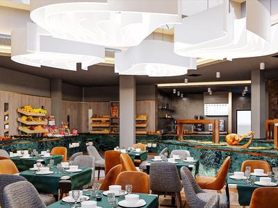 Moderne Hotellounge mit grünen Sesseln, braunen Stühlen und rundem weißem Licht an der Decke.