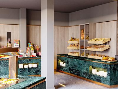 Moderne Hotel-Lobby mit Frühstücksbereich, Holzregalen und Theke aus grünem Marmor.