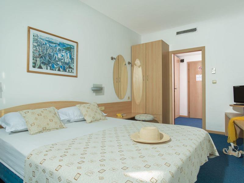 Gezellige hotelkamer met een tweepersoonsbed, kunstwerk, spiegel, tv en blauw tapijt.