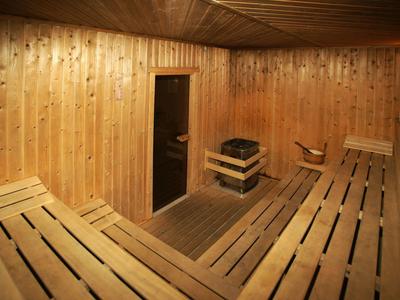 Sauna interieur met houten panelen, houten banken en een kleine kachel in de hoek.