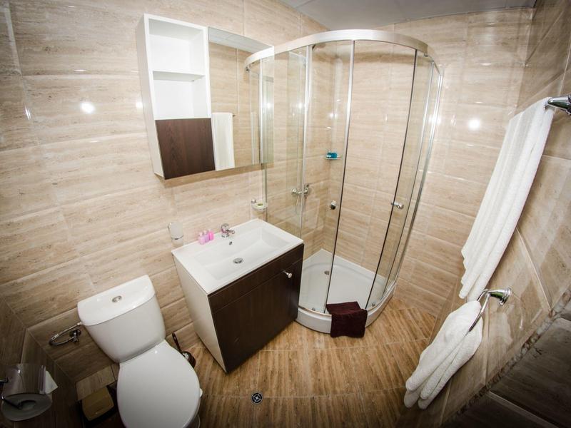Modern bathroom with glass shower, toilet, and sink in warm brown tones.