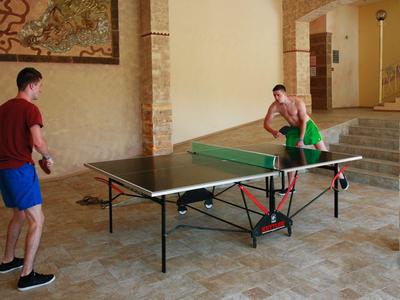 Dva muži hrají stolní tenis ve krytém prostoru s kamennou podlahou.