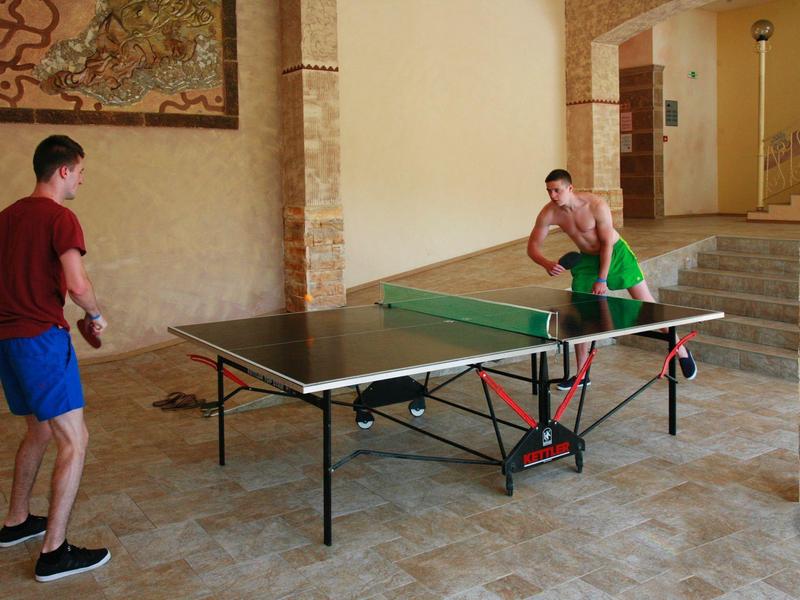 Twee mannen spelen tafeltennis in een binnenplaats met stenen vloer en bloempot.